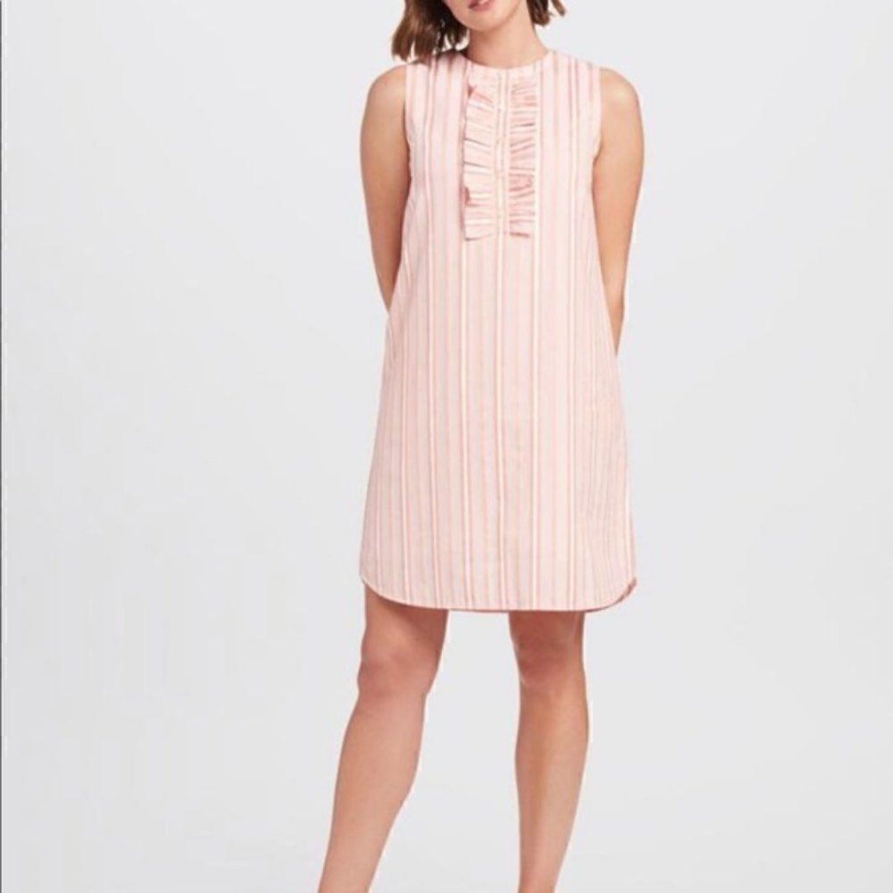 New Draper James Ruffle Placket Dress Women's S Coral Pink Stripe Shift